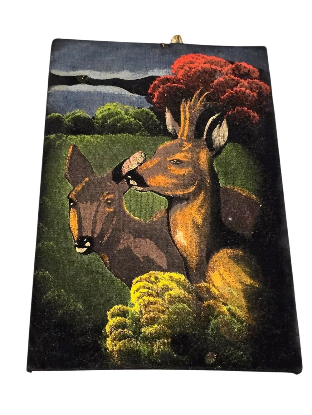 Vintage | Velvet Paintings Deer Woodland Wall Art in Green and Brown